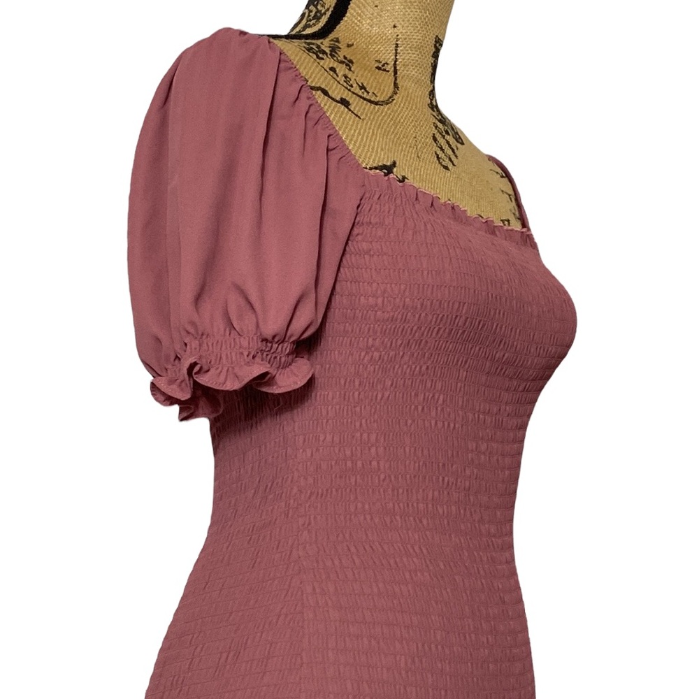 NWT Mauve Puff Sleeves Elastic Bodice Fitted Mini Dress S - Picture 6 of 10